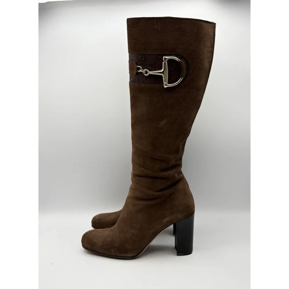 Gucci Brown Suede Knee High Boots GG Logo Accent Silver Horse-bit Size EU 36.5
